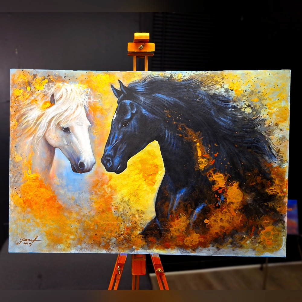 Original Acrylic Painting On Canvas 30"×40" The Two Horses